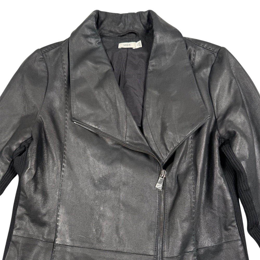 Vince Feather Leather Scuba Jacket Womens Medium Black Goat Leather Merino‎ Wool
